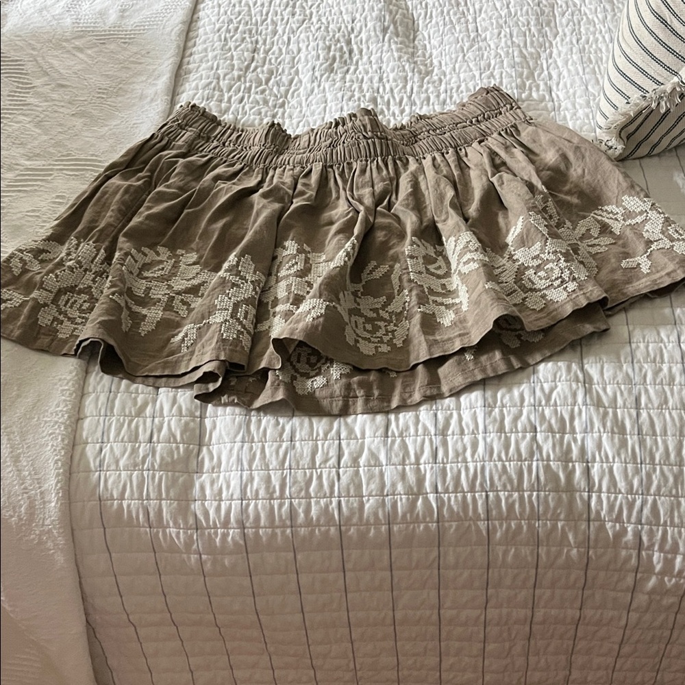 Aerie Tan Skater Skirt with White Embroidery